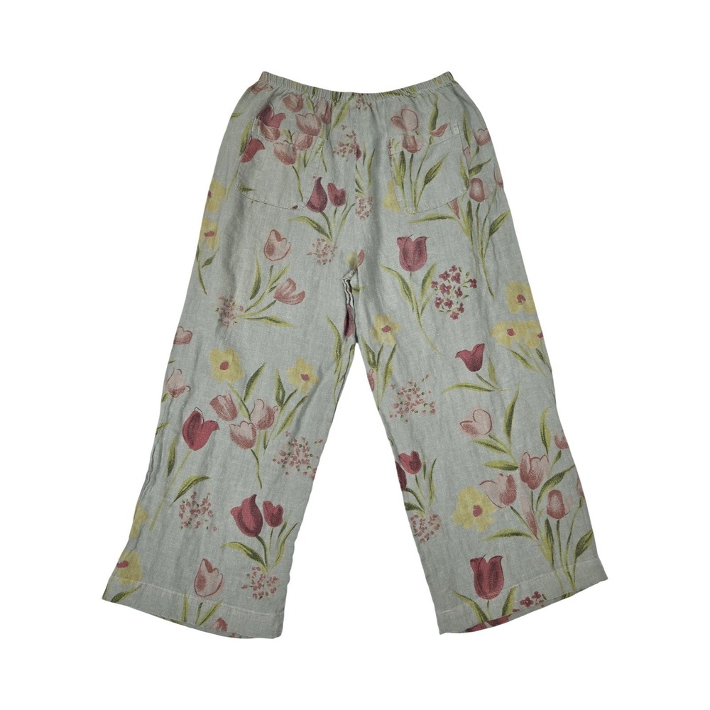 Habitat Floral Linen Capri Pants Gray Green Tulip Print Wide Leg LG Boho Lagen